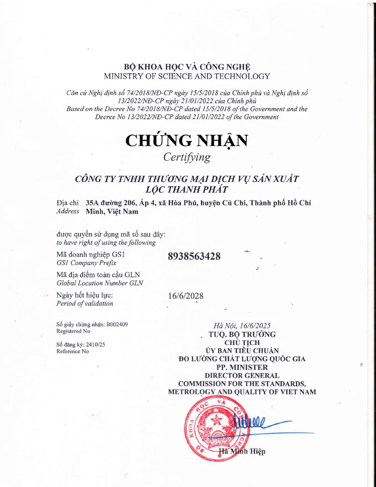 Giấy chứng nhận sử dụng mã doanh nghiệp GS1