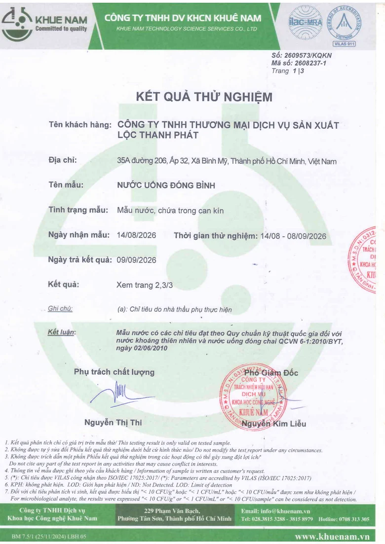 Kết quả thử nghiệm nước uống đóng bình 2026