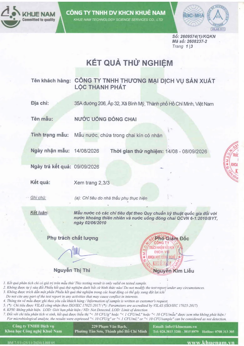 Kết quả thử nghiệm nước uống đóng chai 2026
